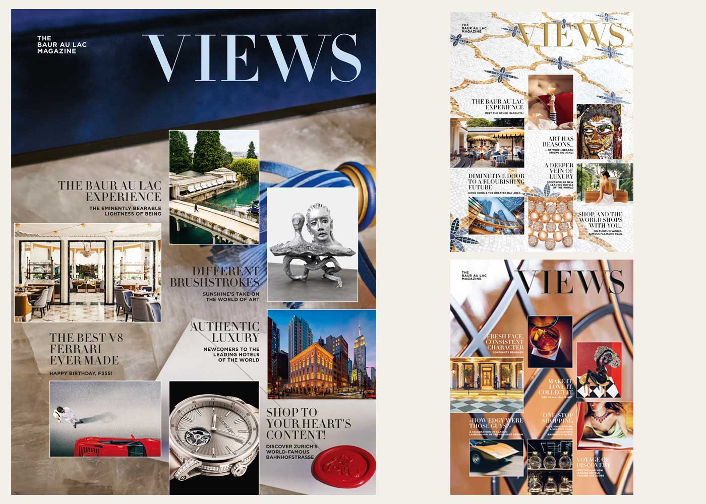 Collage of recent editions of VIEWS – The Baur au Lac Magazine