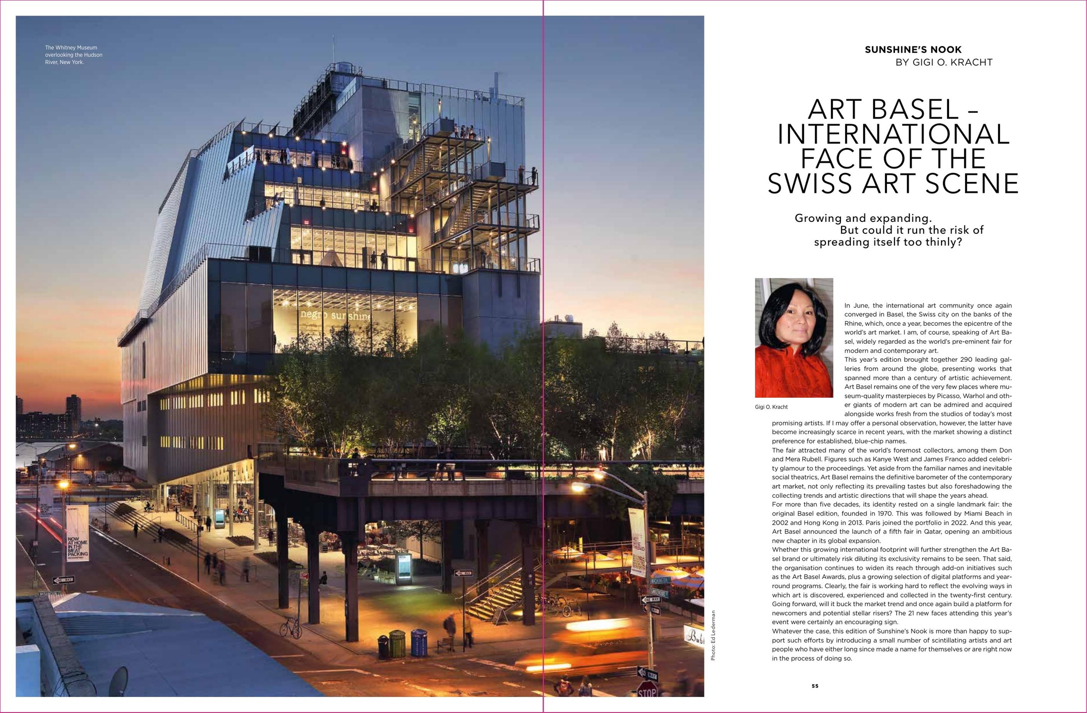 Opening spread of Sunshine's Nook about Art Basel and the international face of the Swiss art scene