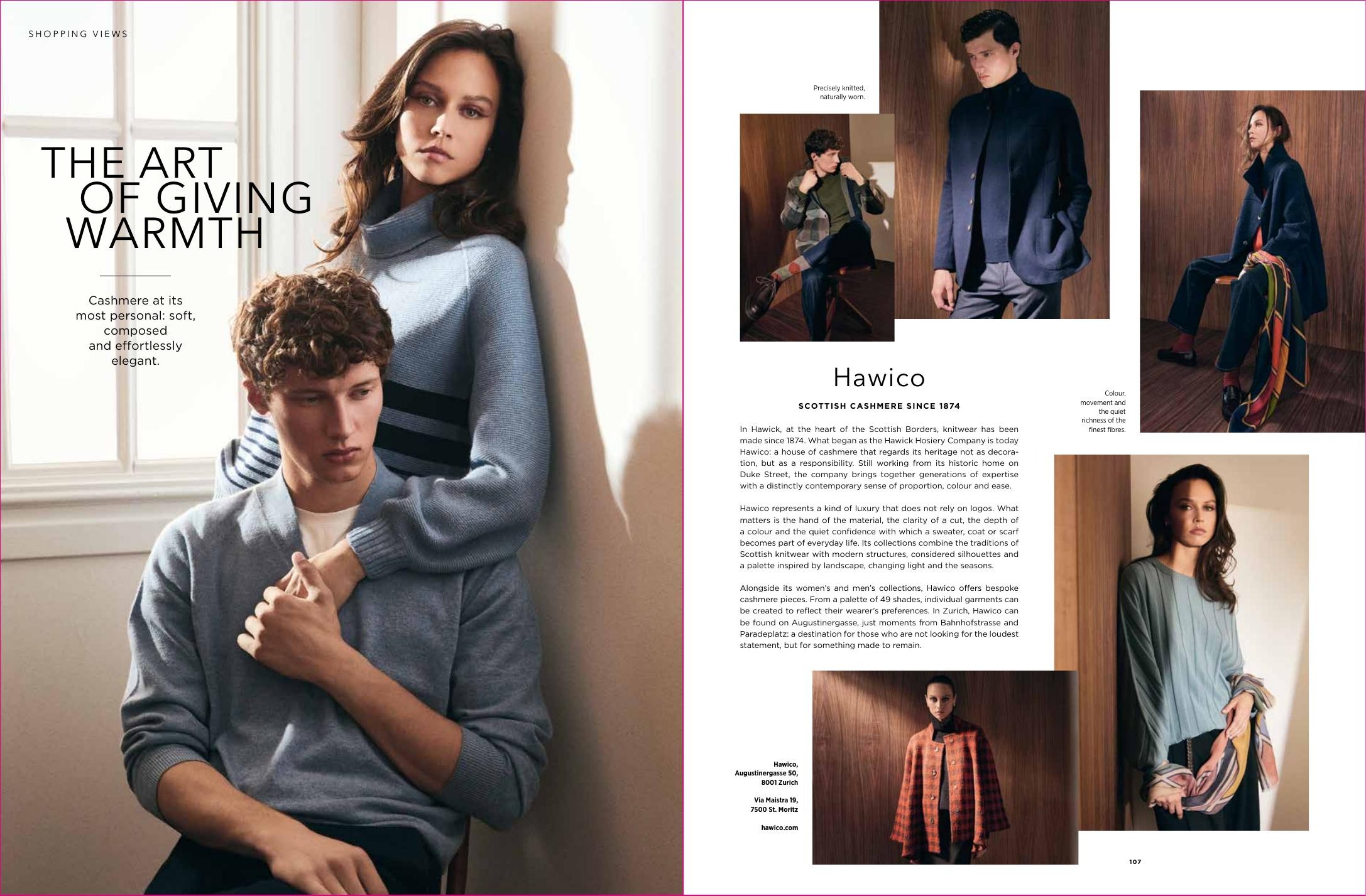 Double-page fashion spread The Art of Giving Warmth